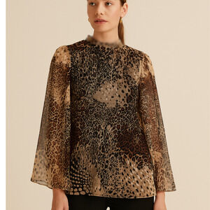 NEW Chicos Mesh Blouse Womens 2 Large Brown Lined Sheer Flare Sleeves Boho $65